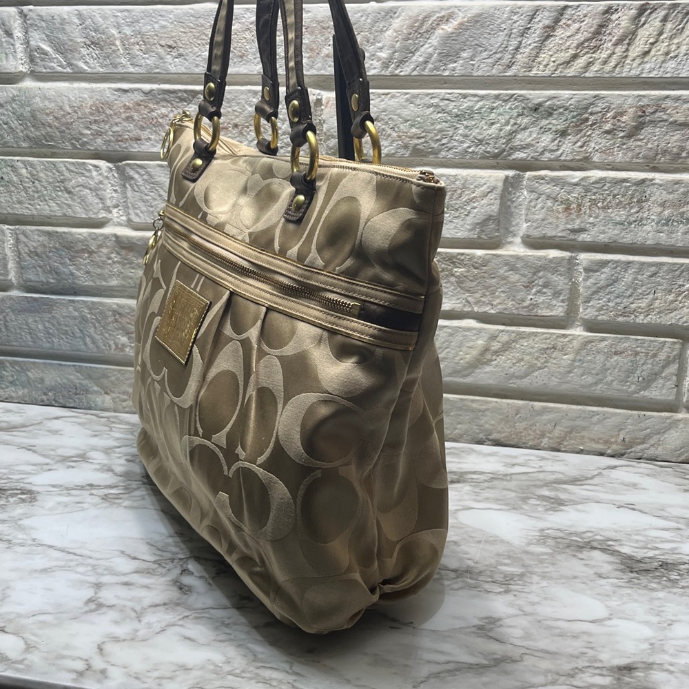COACH GOLD BEIGE JACQUARD POPPY OP ART GLAM TOTE HANDBAG PURSE METALLIC - Picture 3 of 16